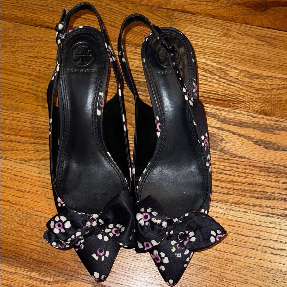 Tory Burch Black and Pink Floral Slingback Heels